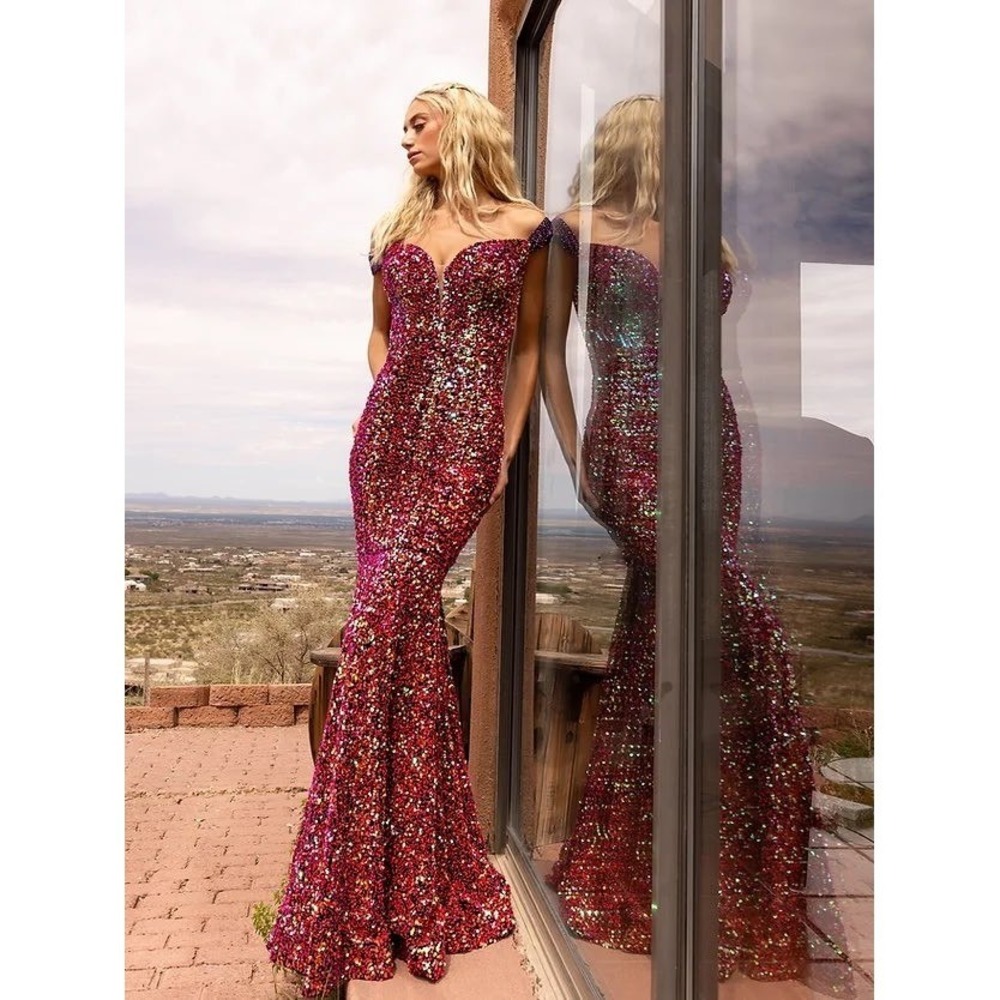 Vienna Prom 82036 Wine Sequin Mermaid Gown Off Shoulder Pageant Dress NWT Sz 10